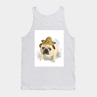 Pet portrait of Pug dog wearing Mexican hat. Watercolor painting Tank Top